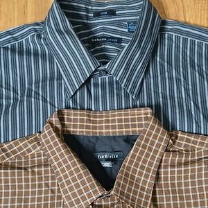 Two Van Heusen Men's Striped and Checked Shirts - Blue and Brown